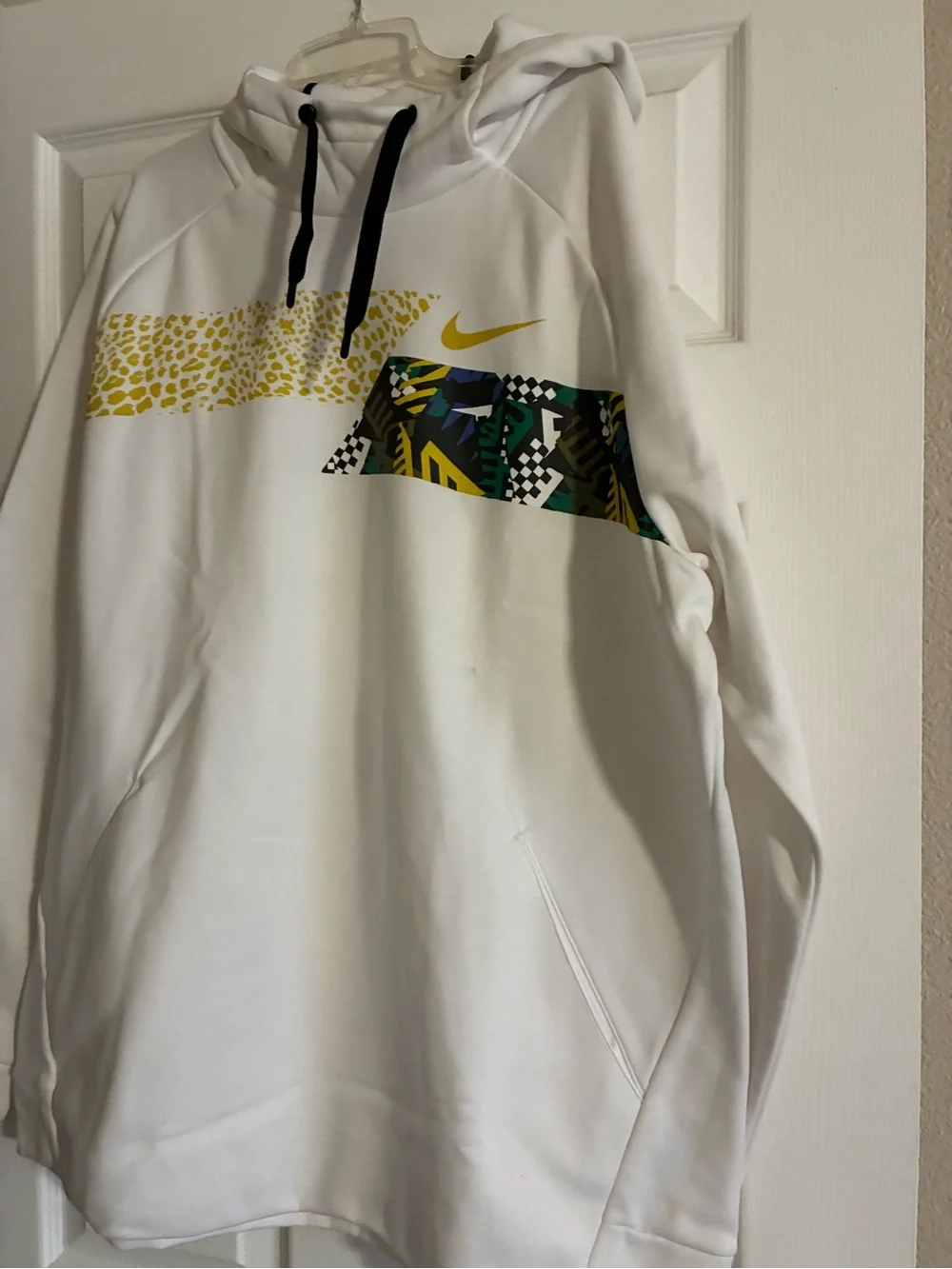 Nike White Hoodie with Yellow Swoosh and Green Graphic Panel